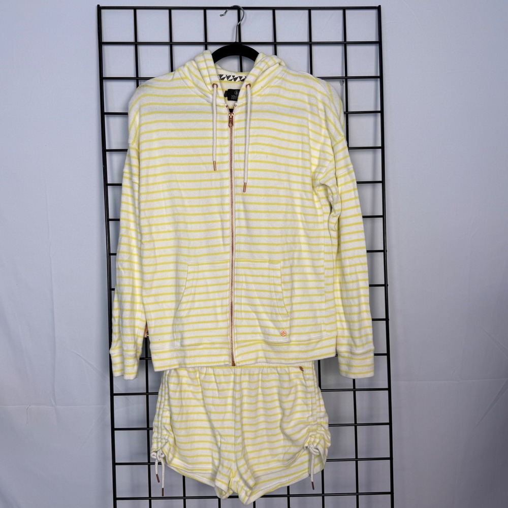 Volcom Lounge Set Womens Small Yellow Striped Terry Zip Hoodie Ruched Shorts
